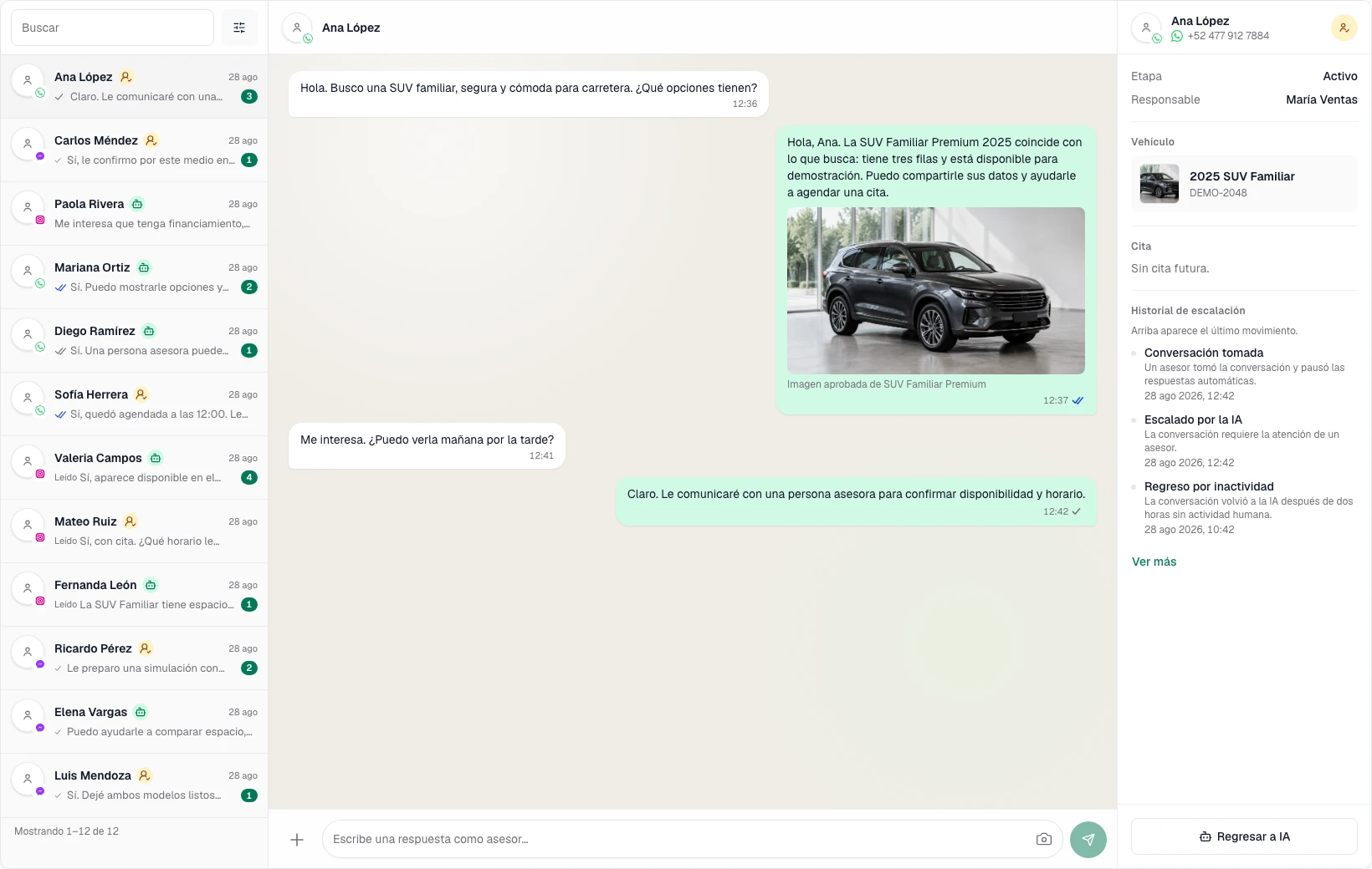 Bandeja real de Manejo con doce conversaciones de demostración atendidas por inteligencia artificial y por el equipo comercial